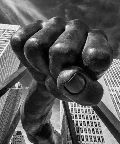 A unique angle of the Joe Louis fist sculpture in Detroit.