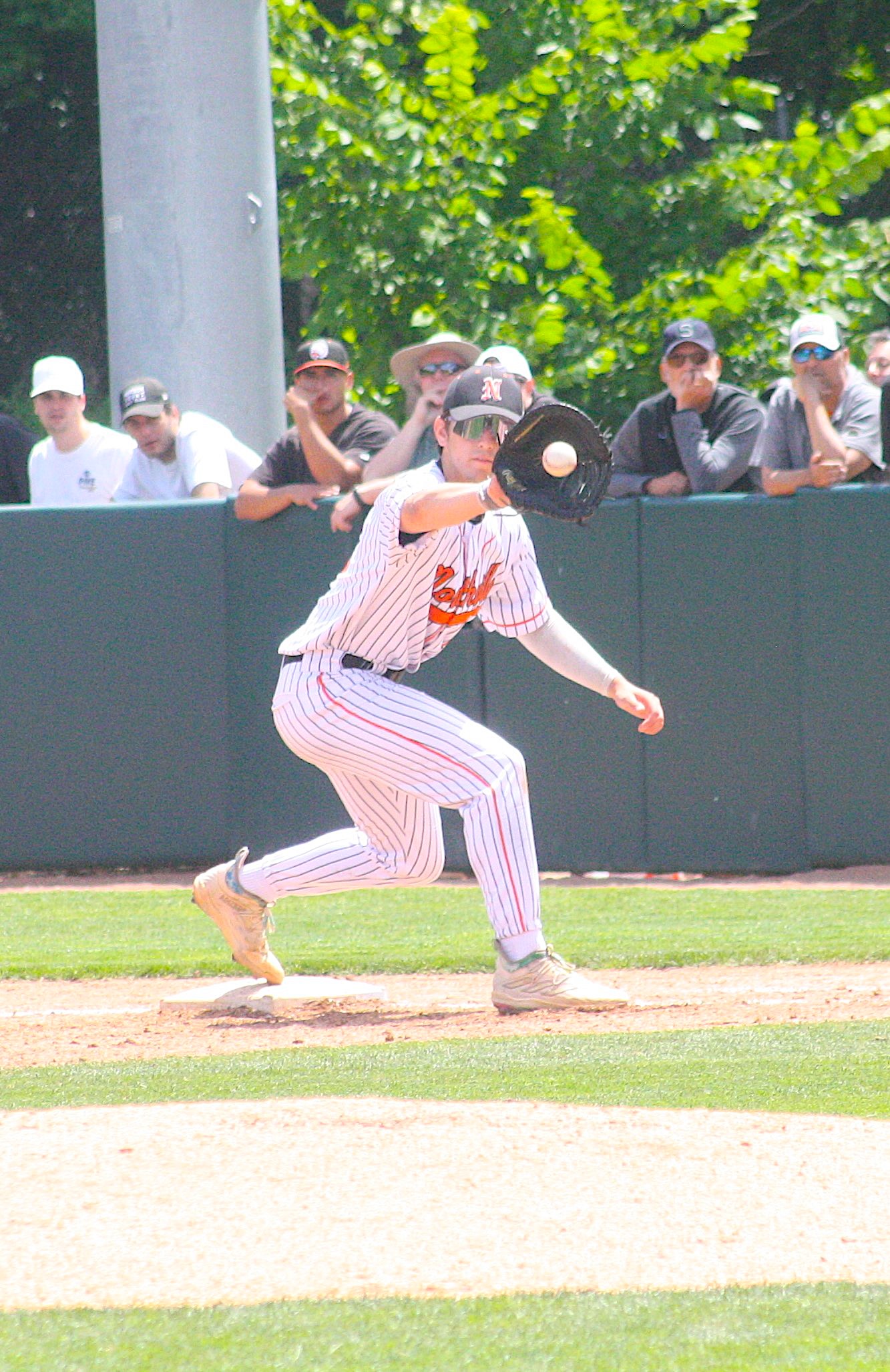 Northville first baseman Joey Broughton looks the ball into his mitt