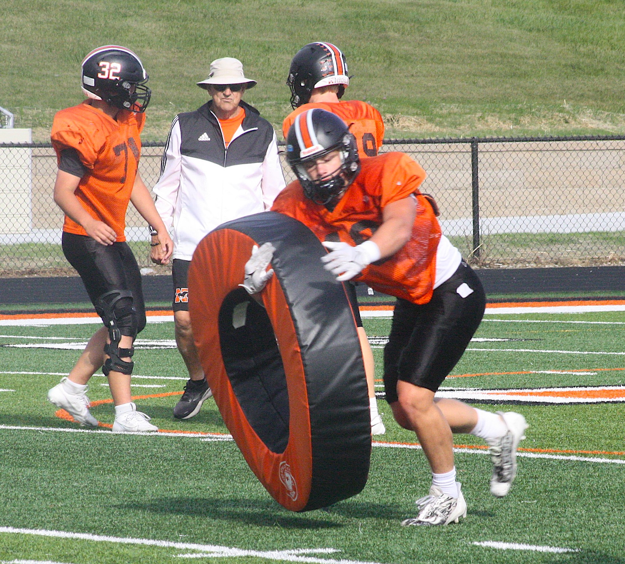 Kaden Kuban is pictured during a linebacker drill