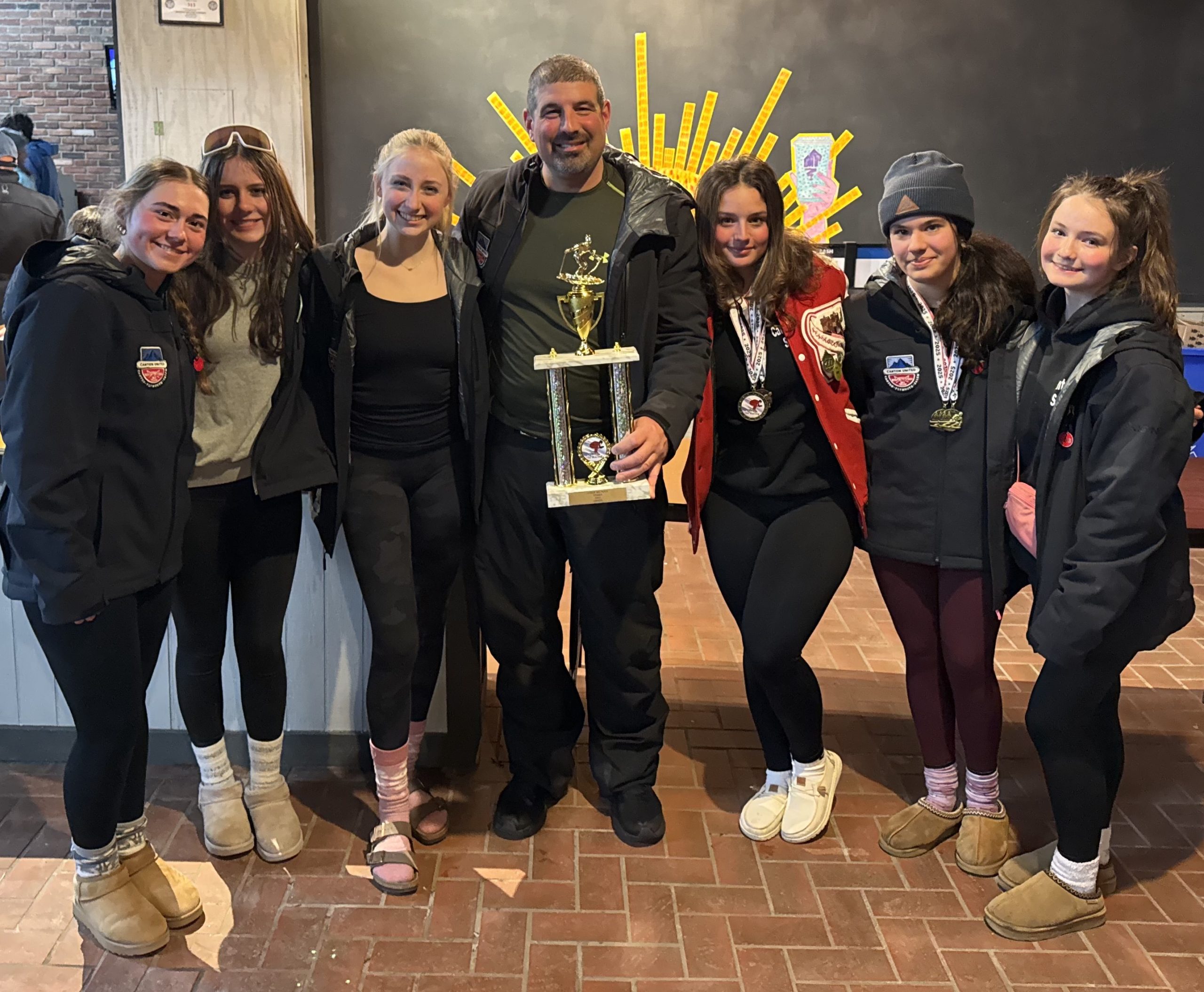Shingles5 - Social House News Pictured are PCEP girls ski team members Jessica Nemes Emily Comstock Hailey McMahon Coach Eric Shingles Sophia Shingles Rhiana Savoie and Katherine Turmell