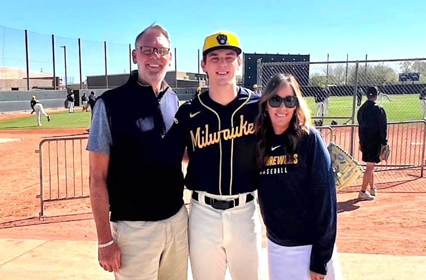 Kevin, Joey and Shawna Broughton are pictured last week at the Milwaukee Brewers' spring training site in Glendale, Arizona.