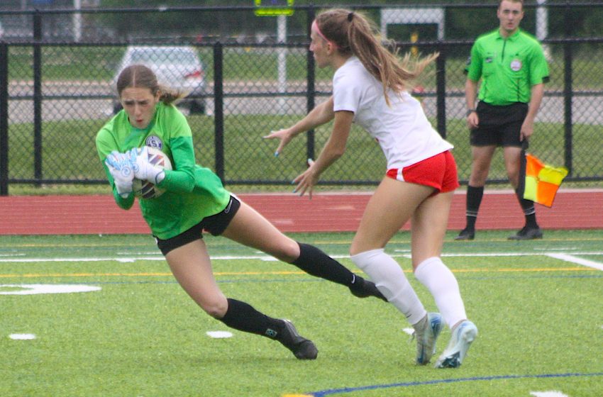 Salem junior keeper Addilyn Messer secures the ball after colliding with Canton forward Emily Fagerman.