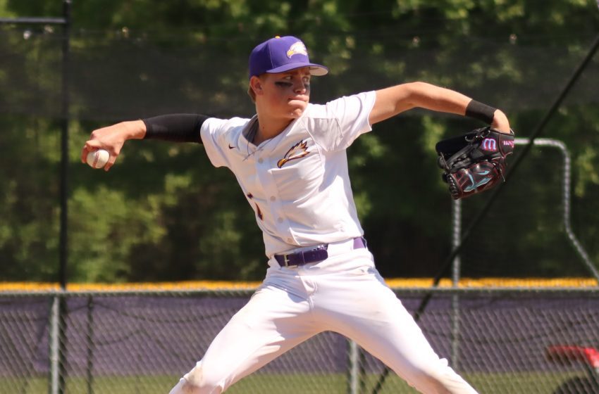 Plymouth Christian Academy junior Calvin Nielson delivers a pitch for the Eagles earlier this season. PHOTO BY MICHAEL COSTELLO