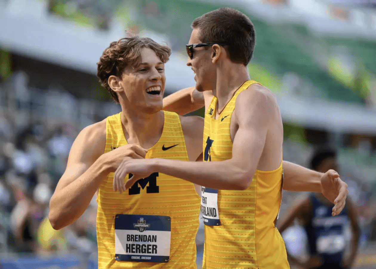Screen Shot 2025-07-02 at 24119 PM - Social House News Brendan Herger rejoices with a University of Michigan teammate at the NCAA Outdoor Championships in Eugene Oregon PHOTO COURTESY OF UNIVERSITY OF MICHIGAN