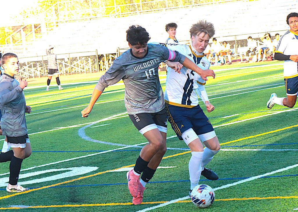 Plymouth's MJ Roberts battles Wayne's Garrett Bousley-Crane for possession Wednesday night in an MHSAA District game.