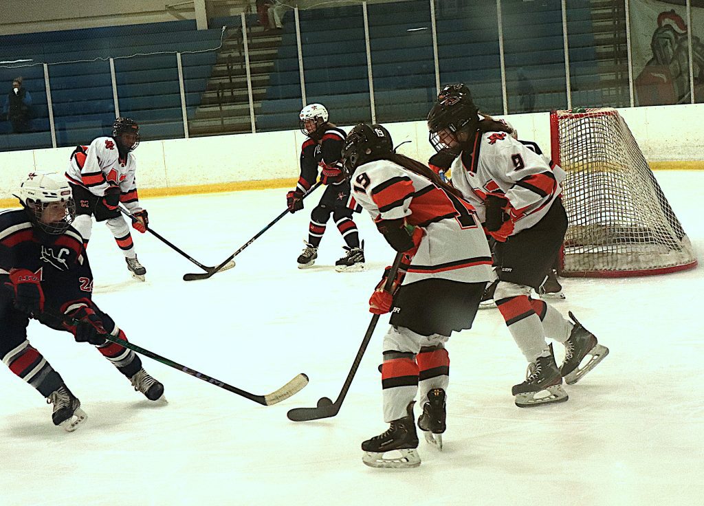 Northville players Catie Betz (19) and Erin Rayburn (9) fight for possession of the puck during Thursday's game against Livonia United.