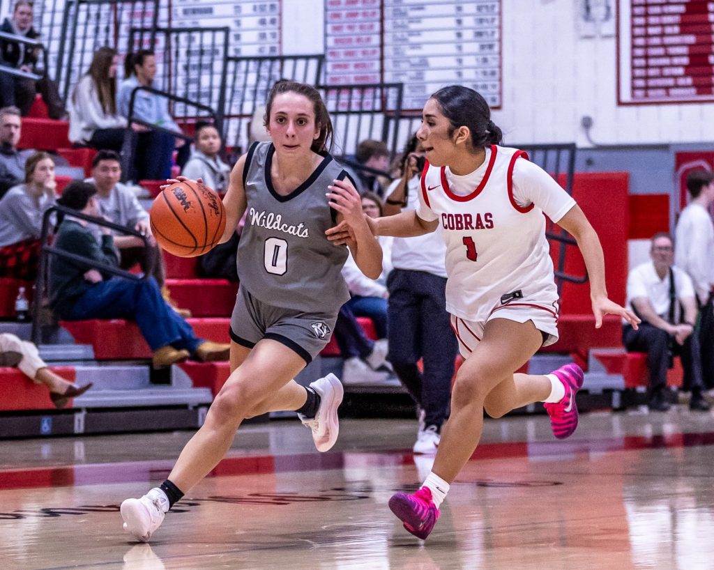 Plymouth guard Emma Johnson pushes the ball up court against Canton's Ashley Garcia. PHOTO COURTESY OF VASILNEK IMAGES