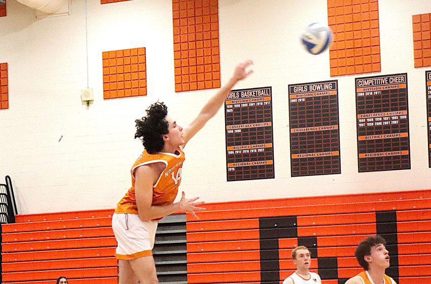 Girl in orange jersey jumps to hit a ball in a school gym with orange bleachers and wall banners behind her.