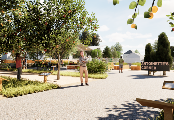 Sunlit park scene with people strolling among fruit trees; a man stands in the center while a sign reads 'ANTOINETTE'S CORNER' in the background.