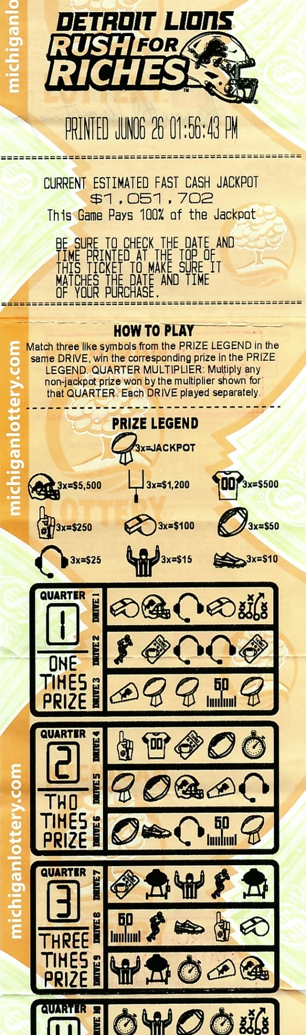 061126-Fast-Cash-Detroit-Lions-Rush-For-Riches-060626-105-Million-Anonymous-Oakland-County 1 - Social House News Lottery ticket titled 'Detroit Lions Rush for Riches' with jackpot amount and play instructions on an orange-green background.
