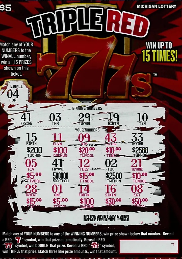 Michigan Lottery 'Triple Red 7s' scratch-off ticket showing winning numbers, your numbers, and prize amounts (win up to 15 times).