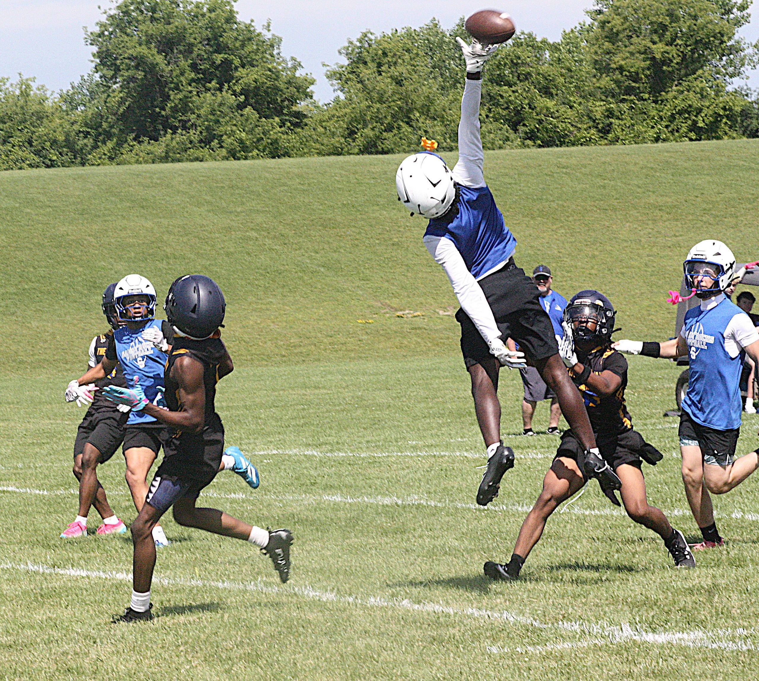 Player in a blue jersey leaps to catch a football while teammates watch on a grassy field.