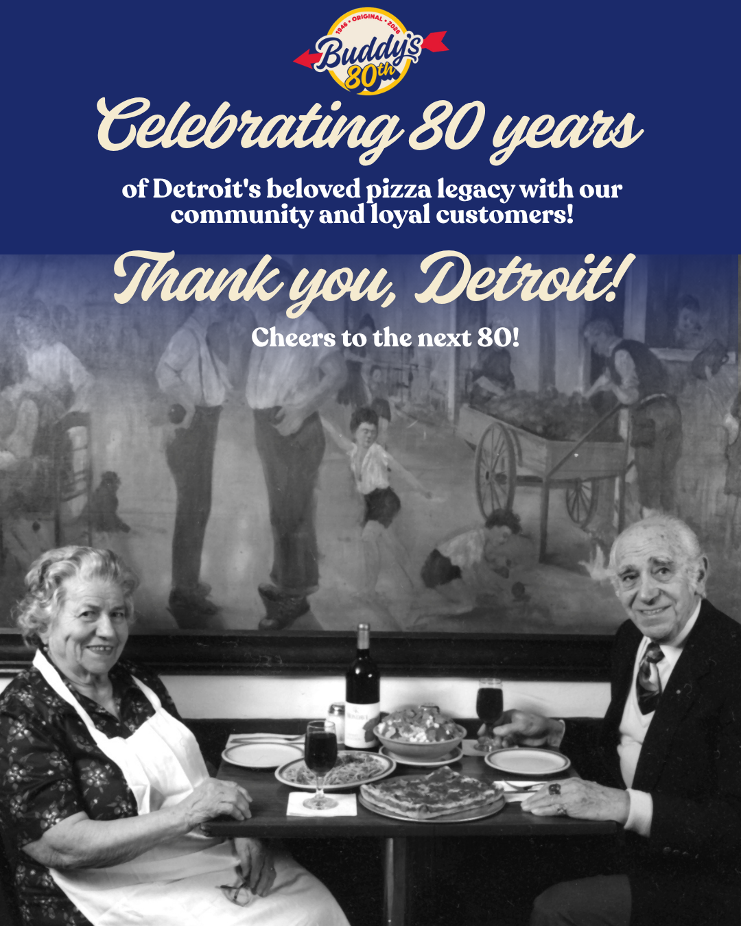 Buddys 80th Anniversary 1 - Social House News Poster-style banner celebrating 80th anniversary with an elderly couple dining at a table, wine glasses and plates, and text including 'Celebrating 80 years' and 'Thank you, Detroit!'