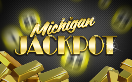 Promotional graphic reading 'Michigan Jackpot' with gold bars and coins, signaling a lottery jackpot.