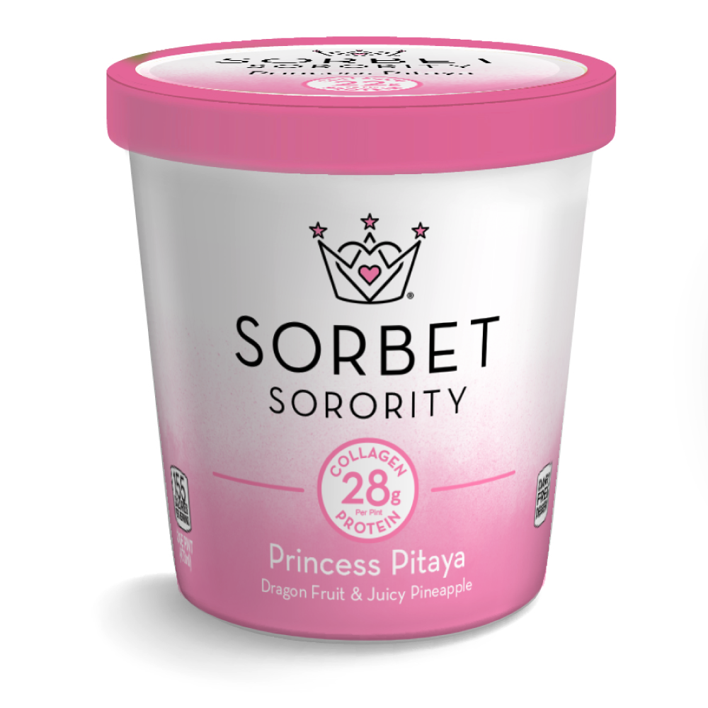 Pink-lidded tub of Sorbet Sorority Princess Pitaya ice cream with dragon fruit and pineapple flavors.