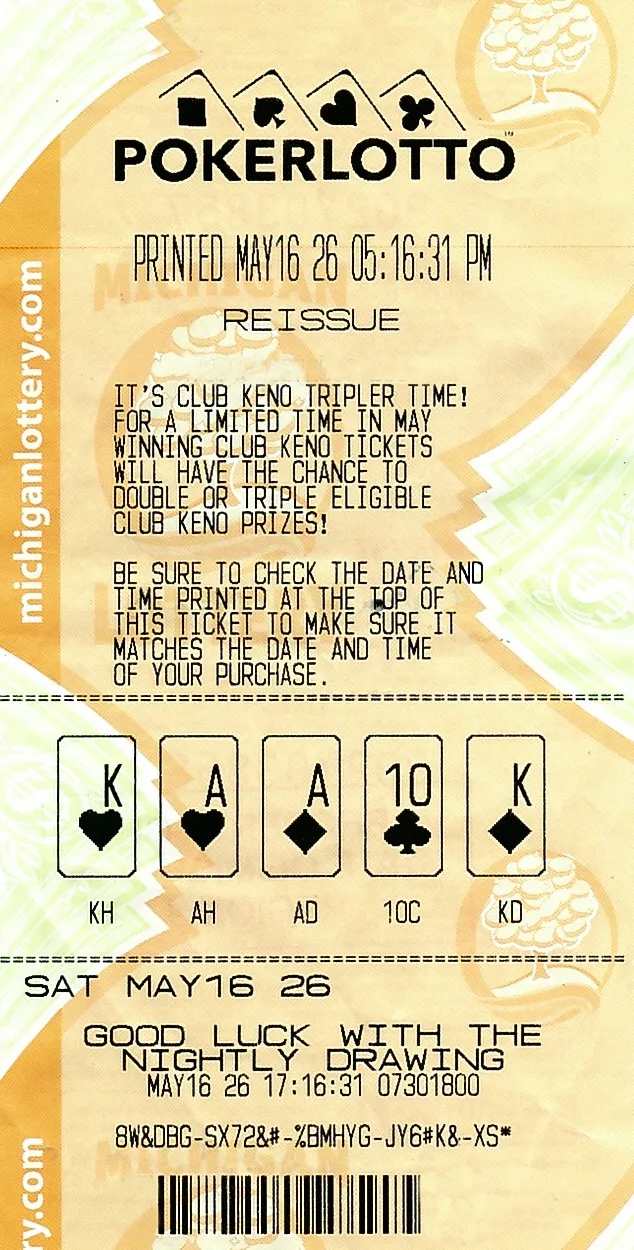 PokerLotto ticket showing five cards: K♥, A♥, A♦, 10♣, K♦, with printed date and the message “GOOD LUCK WITH THE NIGHTLY DRAWING.”