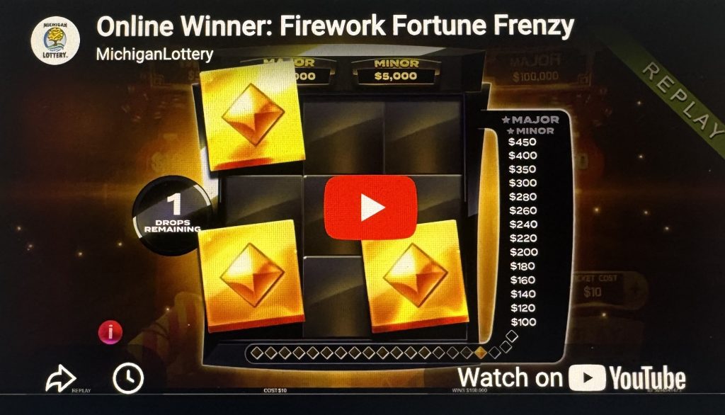 Online casino slot game screen showing 'Firework Fortune Frenzy' with gold diamonds and a vertical payout table on the right side.