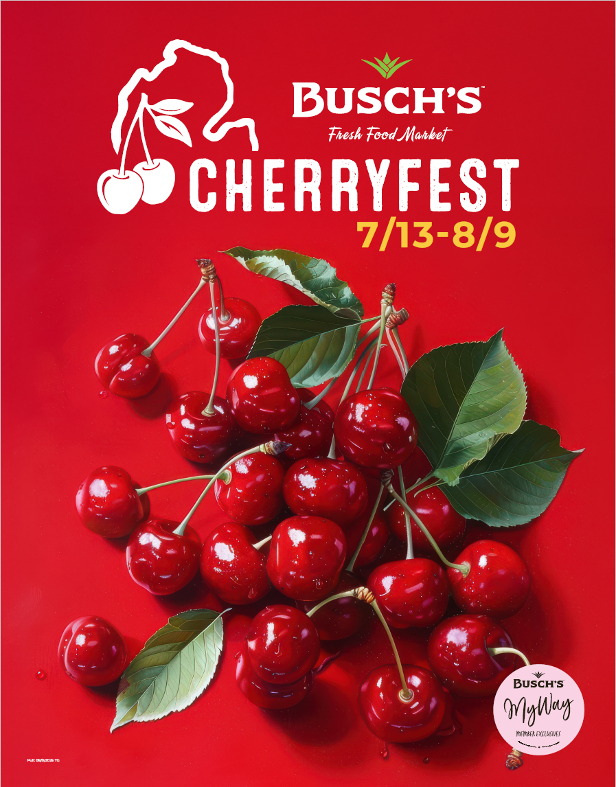 Bright red Busch's Cherryfest poster featuring a cluster of shiny cherries with green leaves, the event name and dates 7/13–8/9.
