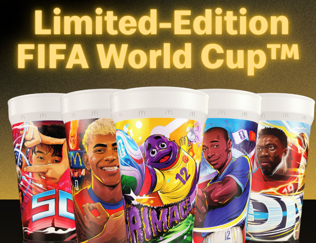 Limited-Edition FIFA World Cup cup lineup with colorful cartoon players and bold text above them.