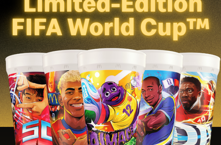 Limited-Edition FIFA World Cup cup lineup with colorful cartoon players and bold text above them.