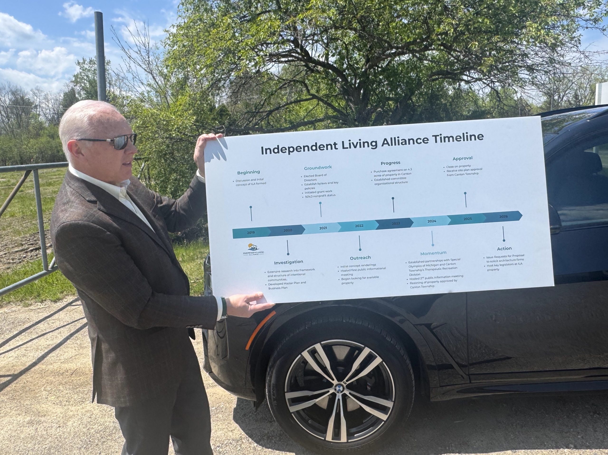 Leslie2 - Social House News Man in a suit and glasses holds a large poster titled 'Independent Living Alliance Timeline' beside a dark SUV outdoors on a sunny day.