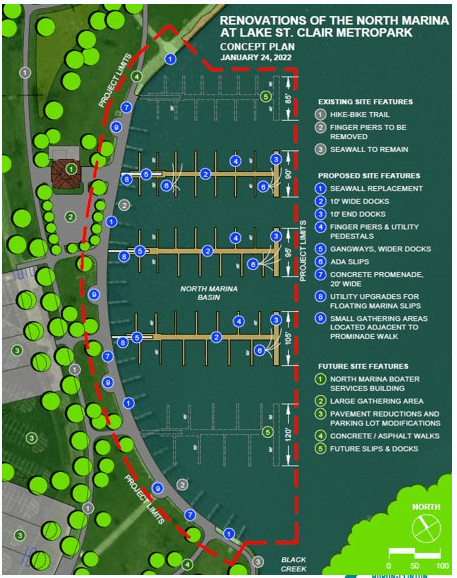 Map of renovations for the North Marina at Lake St. Clair Metropark, showing existing features, proposed site features (docks, piers, seawall), and future improvements.
