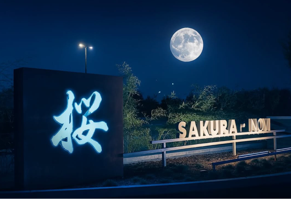 Night scene at a Japanese inn entrance with a glowing blue kanji panel and a full moon overhead.