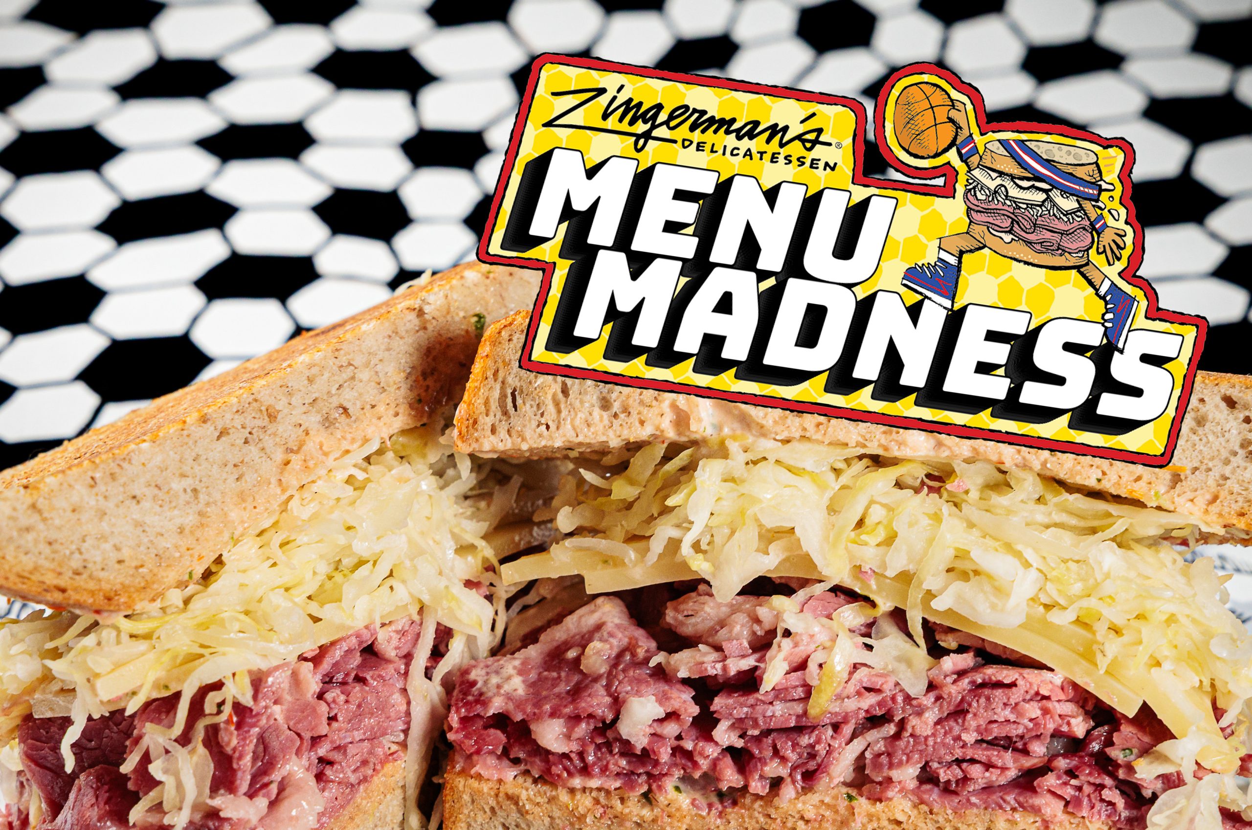Sandwich with corned beef and sauerkraut topped by a yellow Zingerman's Menu Madness sticker.