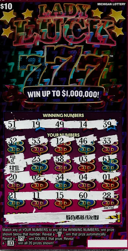 073026-Lady-Luck-777-IG-711-1-Million-Anonymous-Oakland-County - Social House News Colorful Lady Luck scratch-off showing winning numbers 51, 19, 49, 14, 39 and a grid of player numbers with dollar signs and symbols.