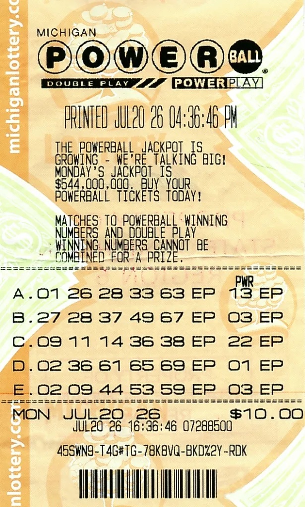 073026-Powerball-072026-Draw-1-Million-Abdulla-Alhamyari-Wayne-County - Social House News Michigan Powerball ticket with Double Play and Power Play; printed Jul 20 04:36:46 PM, shows A–E numbers and a barcode