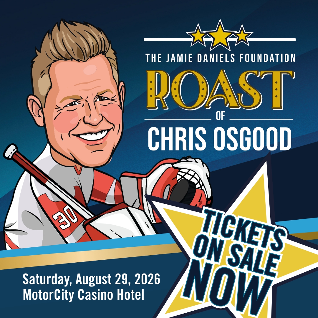 Caricature of hockey goalie Chris Osgood smiling, promoting a Roast of Chris Osgood event with tickets on sale now.