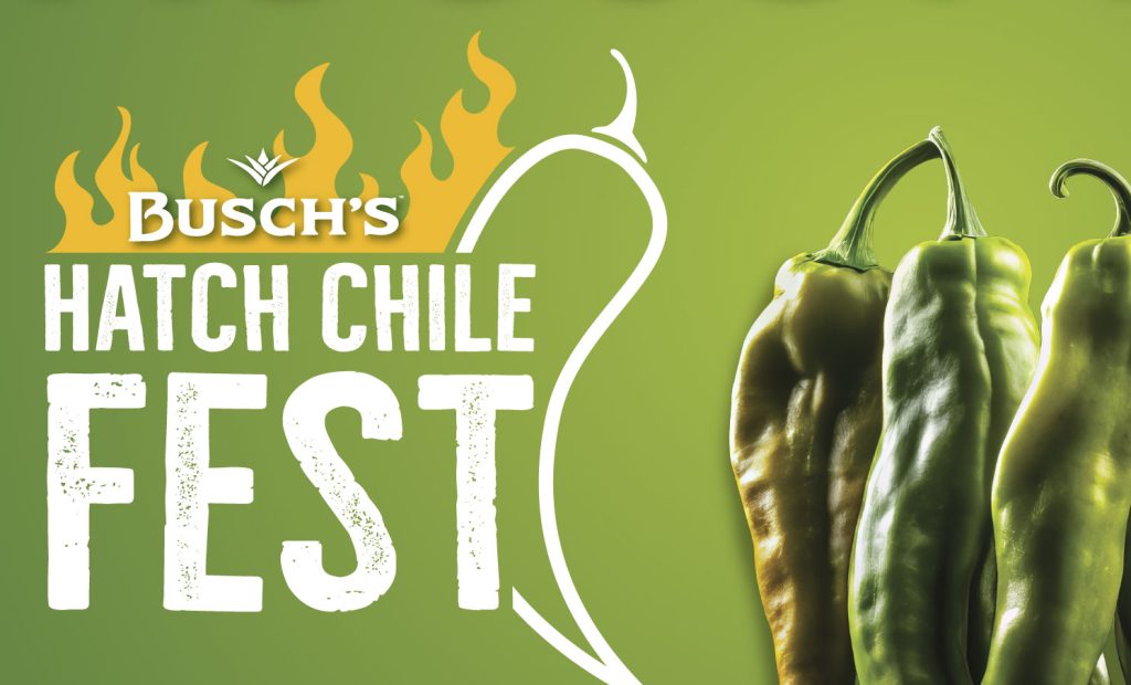 Banner for Busch's Hatch Chile Fest with peppers and dates August 10–23 on a green background