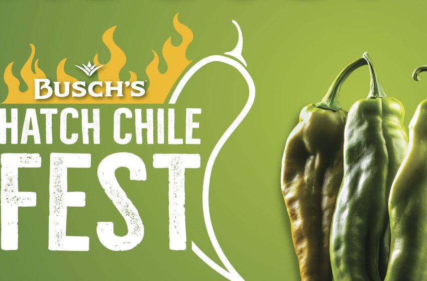 Banner for Busch's Hatch Chile Fest with peppers and dates August 10–23 on a green background
