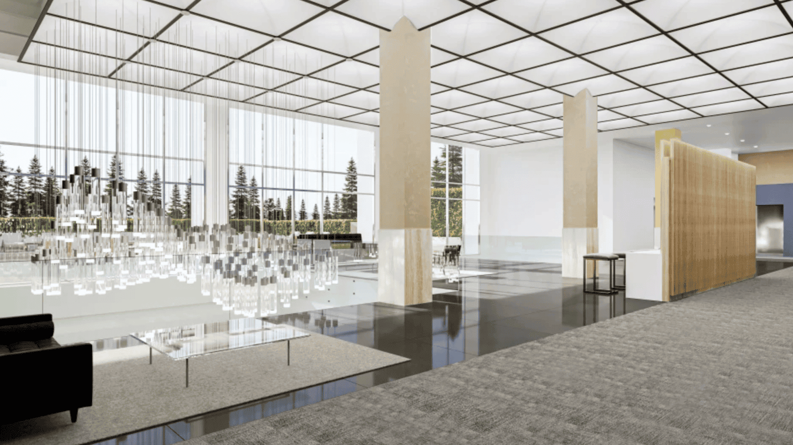 Screen Shot 2026-08-19 at 121028 PM - Social House News Contemporary hotel or office lobby with a glass grid ceiling, tall marble columns, and a reflective water feature/benches.