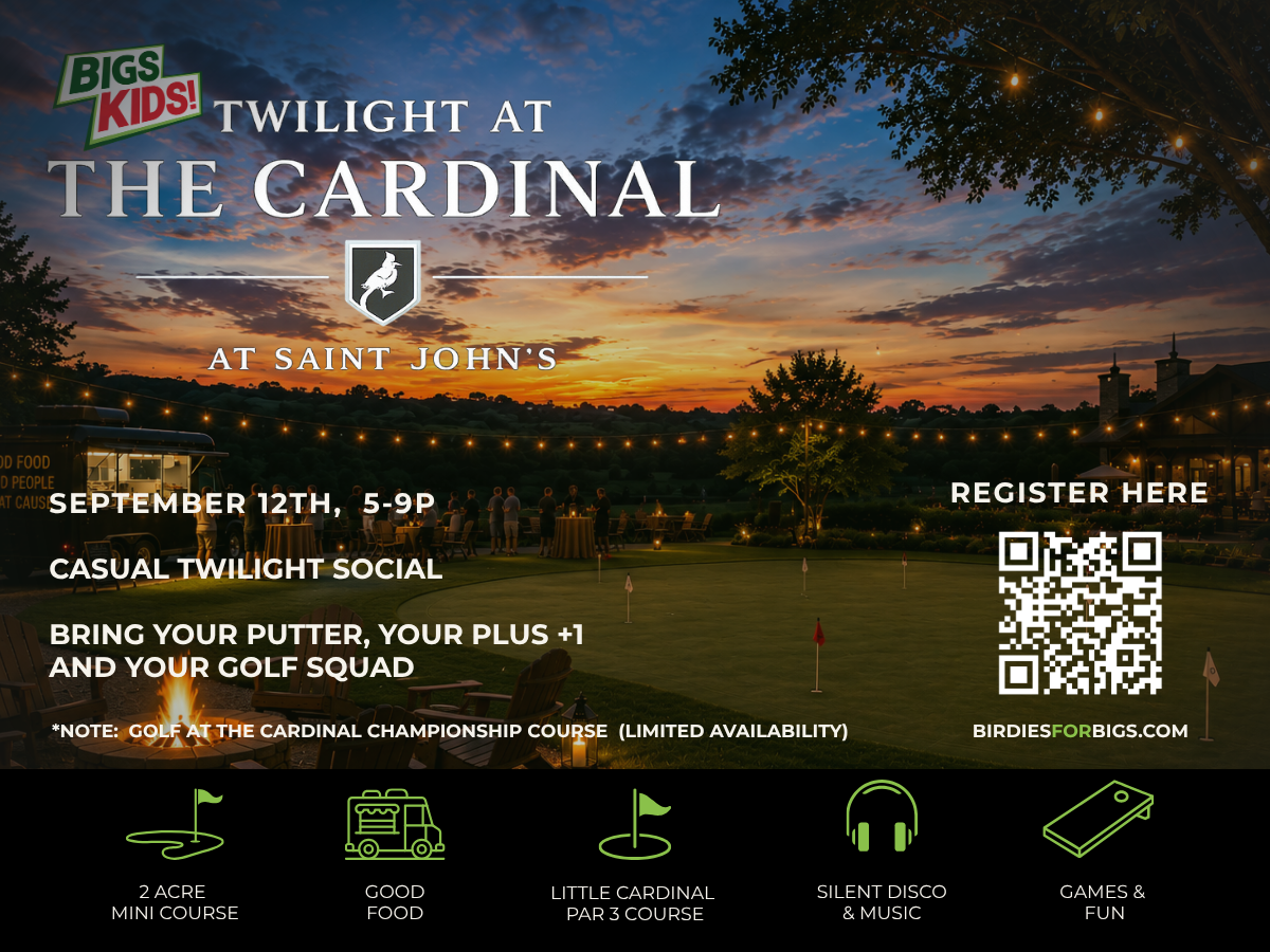 Promotional poster for Twilight at The Cardinal golf event at Saint John’s, sunset with string lights and a QR code for registration.