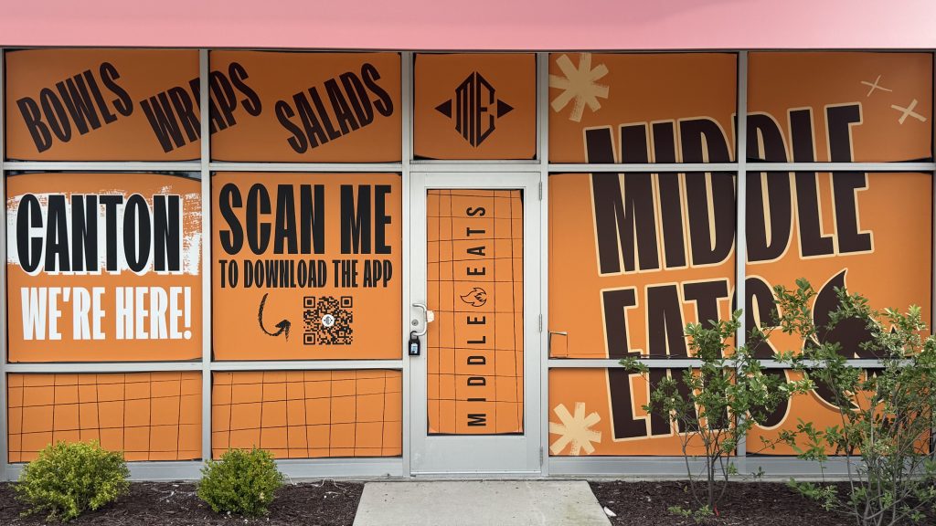 Bright orange storefront panels with bold black text promoting Canton and a QR code for downloading the app.